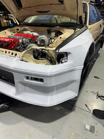 Printed front bumper and fender test-fitted on the twin-turbo CR-X