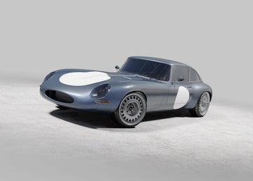 Render of DevSpeed's Jaguar E-Type with the widened fender flares, front three-quarter view