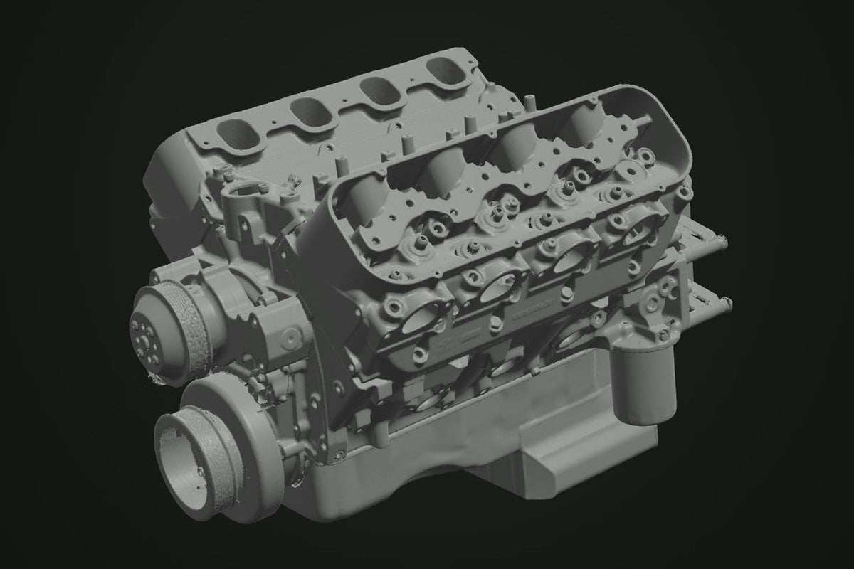 Render of our 3D scan of the Gromm Racing Engines engine for Matt Field's C8 Corvette, front three-quarter view