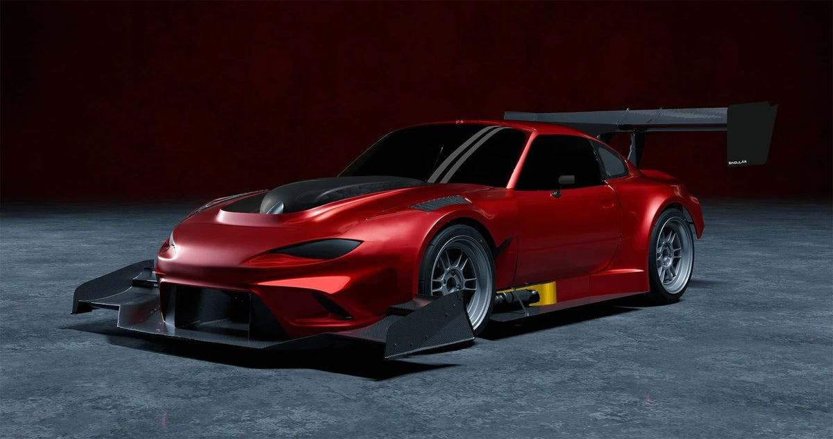 Studio render of the HyperMiata in red with our aero package: widebody, hood, splitter, canards and wing