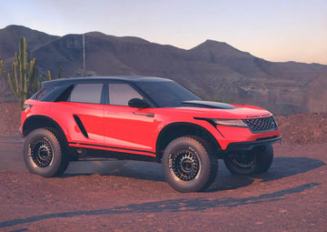 Render of Morgan Clarke Design's Range Rover Velar prerunner in red, front three-quarter view in the desert