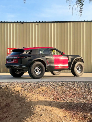 Rear three-quarter of the Velar prerunner with the printed body mockup